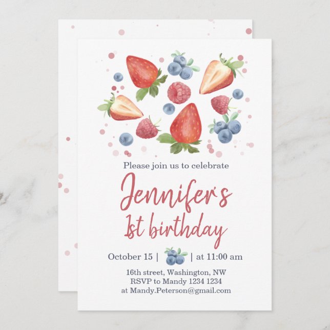 Summer Sweet Berry Strawberry 1st Birthday Invitat Invitation (Front/Back)