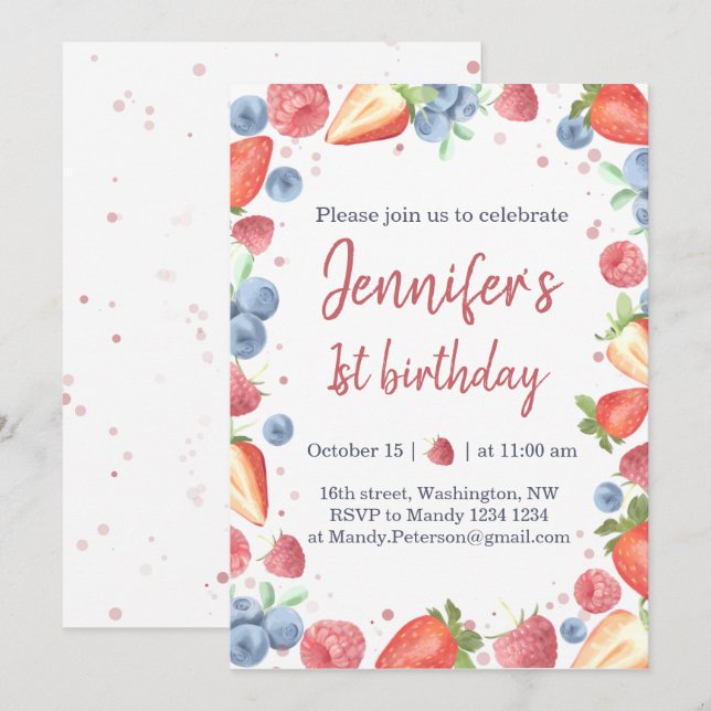 Summer Sweet Berry Strawberry 1st Birthday Invitation (Front/Back)