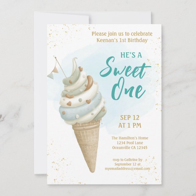 Summer Sweet One Icecream First Birthday  Invitation (Front)