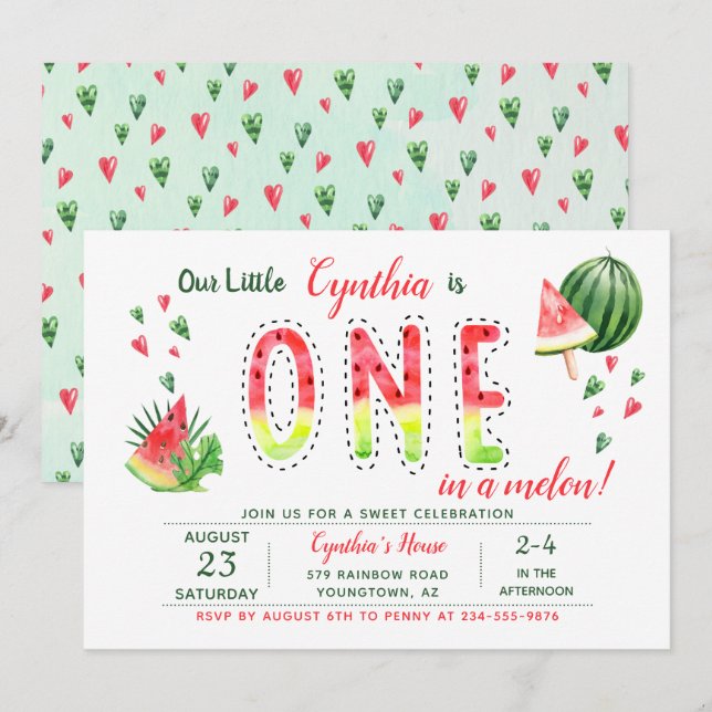 Summer Sweet Watermelon First Birthday Invitation (Front/Back)