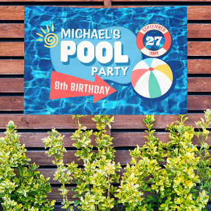 Summer Swimming Pool Party Tropical Birthday Blue  Banner