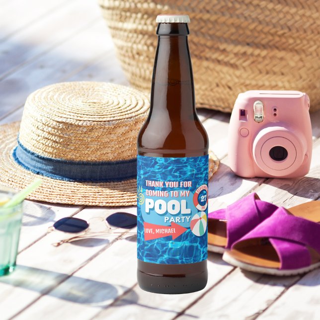 Summer Swimming Pool Party Tropical Birthday Blue  Beer Bottle Label (Creator Uploaded)