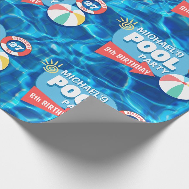 Summer Swimming Pool Party Tropical Birthday Blue  Wrapping Paper (Corner)