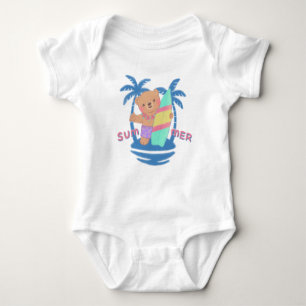 Summer Teddy Bear Surfer in Hawaii Baby Bodysuit