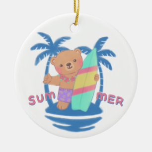 Summer Teddy Bear Surfer in Hawaii Ceramic Tree Decoration