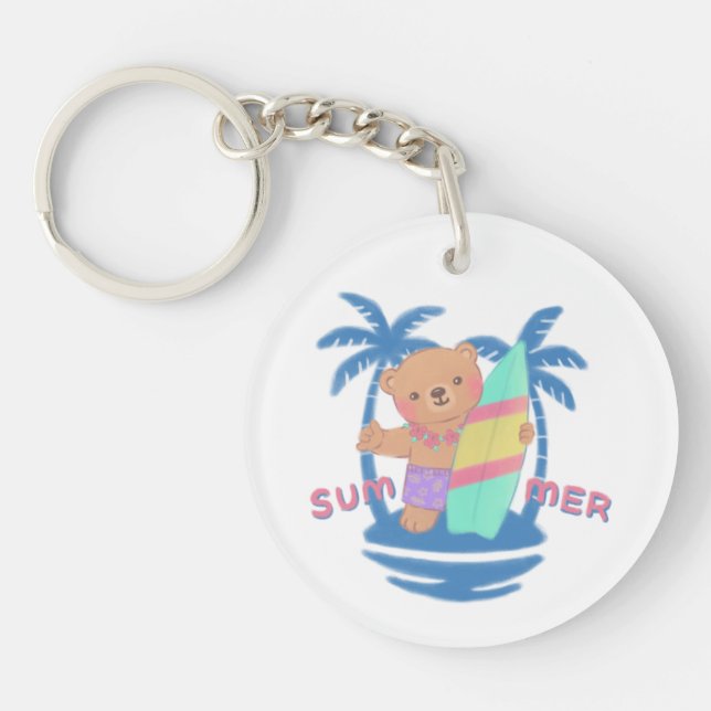 Summer Teddy Bear Surfer in Hawaii Key Ring (Front)