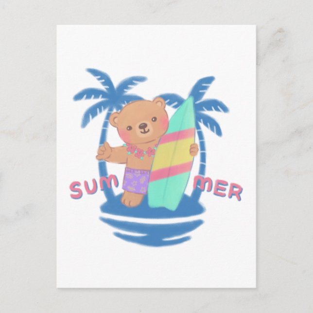 Summer Teddy Bear Surfer in Hawaii Postcard (Front)