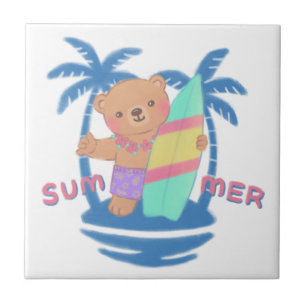 Summer Teddy Bear Surfer in Hawaii Tile