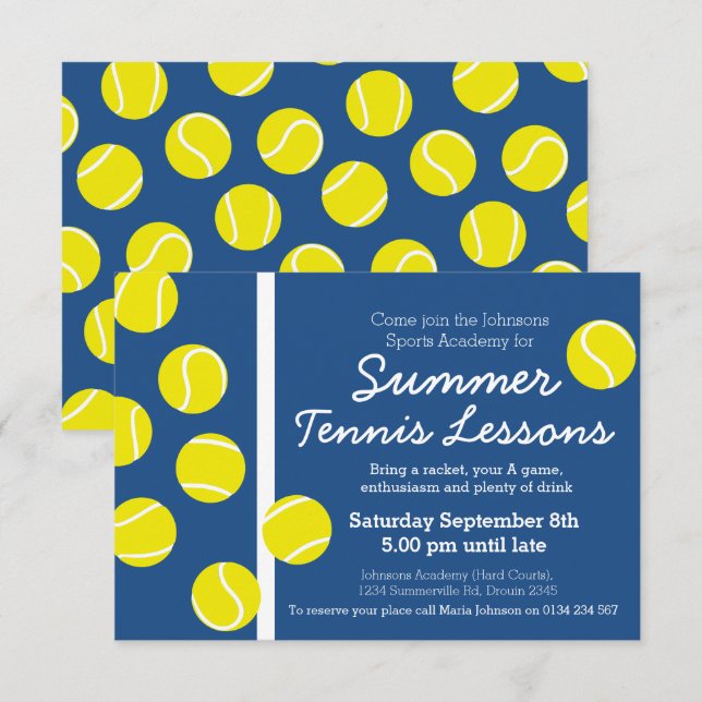 Summer tennis lesson event invites blue & white (Front/Back)