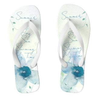 Summer Text Blue Watercolor Floral Handpainted Flip Flops