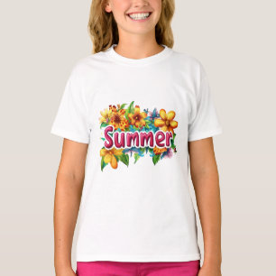 Summer Text - Colorful Summer Flowers Illustration T-Shirt