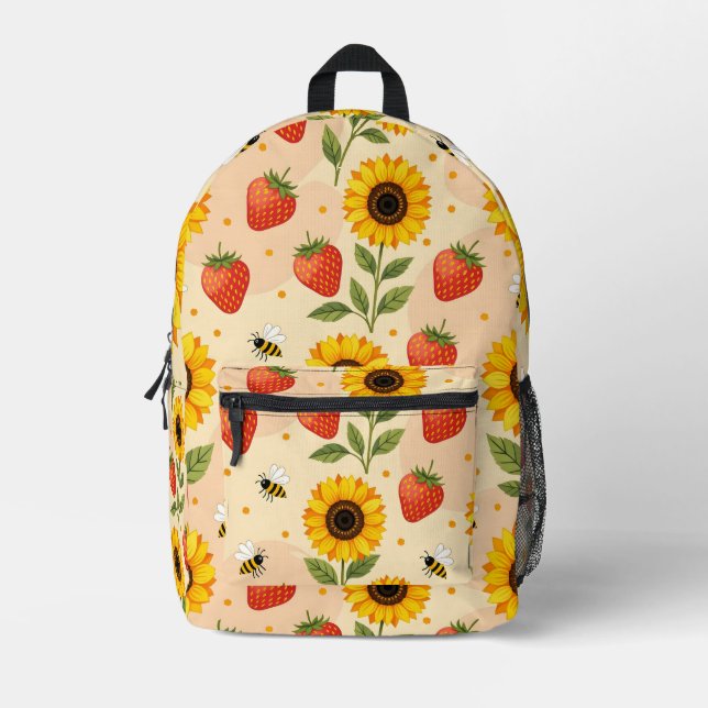 Summer theme with sunflowers and strawberries printed backpack (Front)