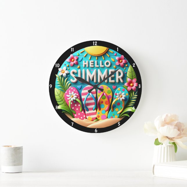Summer-Themed Flip Flops and Vibrant Decorations Large Clock (Home)