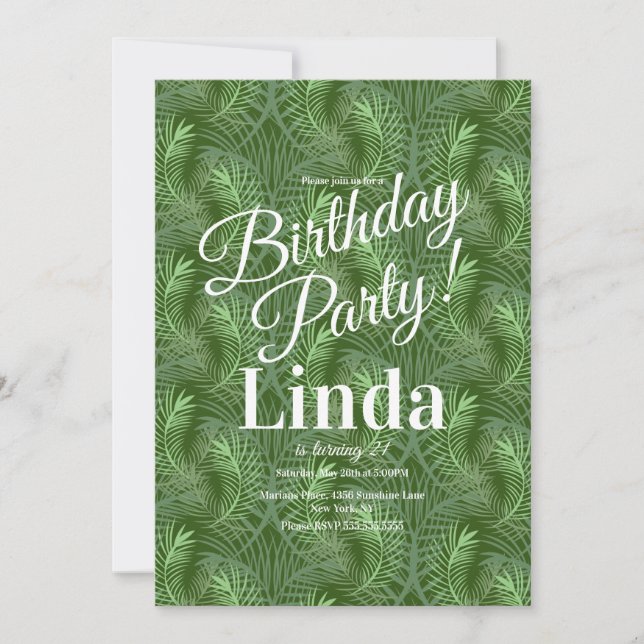 Summer Themed Palm Tree Leaf Greenery Jungle Invitation (Front)
