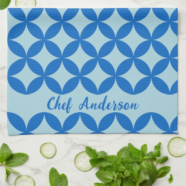 Summer tile with azure circles on baby blue tea towel (Folded)