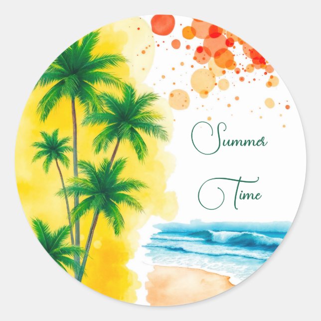 “Summer Time” beach design Round Clock Classic Round Sticker (Front)
