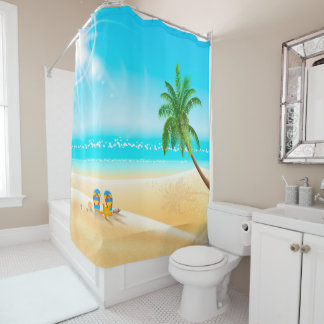 SUMMER TIME. BEACH, PALM TREE AND FLIP FLOPS. SHOWER CURTAIN