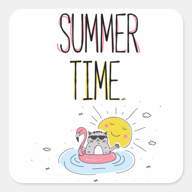Summer Time Black Square Sticker (Front)