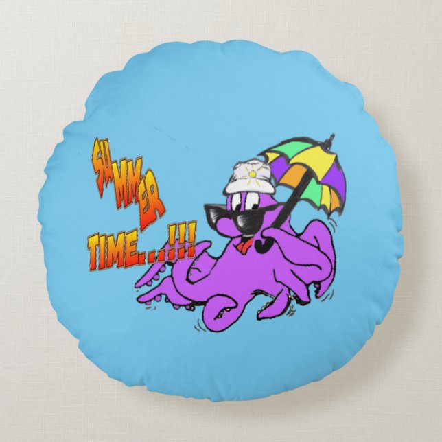 Summer Time Octopus Cartoon Kids Round Pillow (Front)