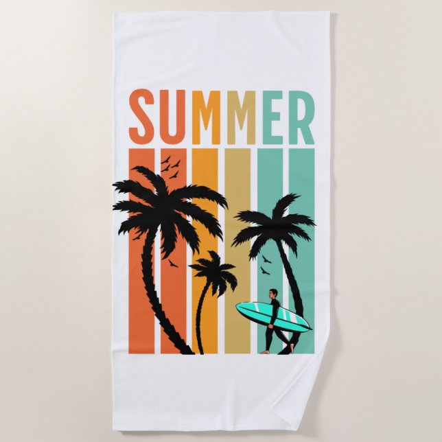 Summer Time Retro Sunset Beach Towel (Front)