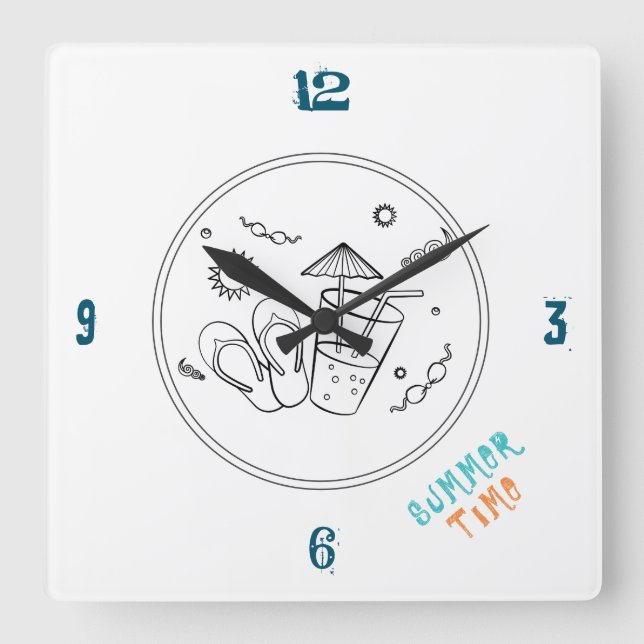 Summer Time Vibes of Sun & Vacation, Sketched Art Square Wall Clock (Front)