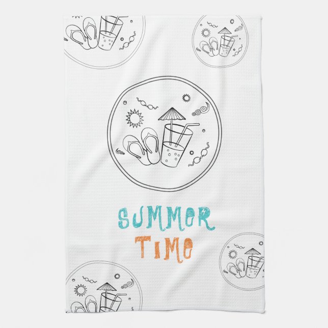 Summer Time Vibes of Sun & Vacation, Sketched Art Tea Towel (Vertical)