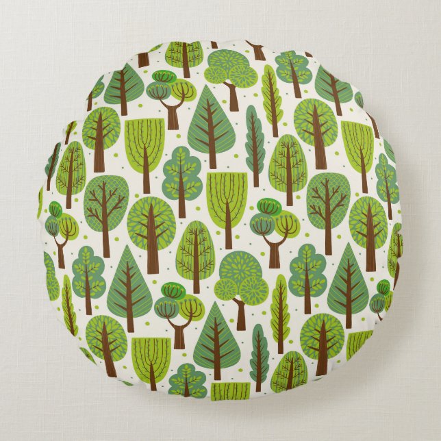 Summer Trees: Green Seamless Pattern Round Cushion (Front)