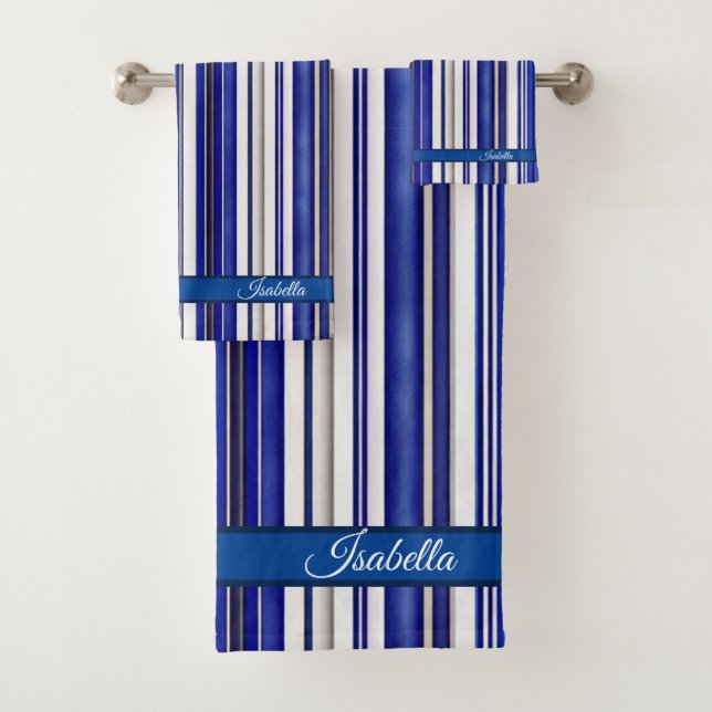 Summer Trendy Navy Blue Boat Stripes Collection Bath Towel Set (Insitu)