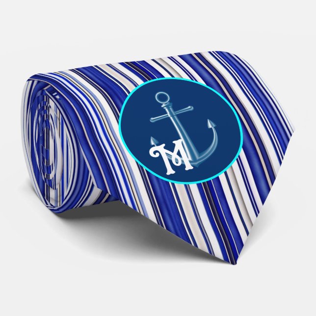 Summer Trendy Navy Blue Boat Stripes Collection Tie (Rolled)