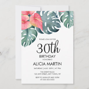 Summer Tropical Anthurium & Monstera Birthday Invitation