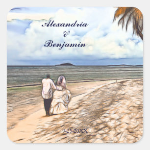 Summer Tropical Beach Bride Groom Wedding Custom Square Sticker
