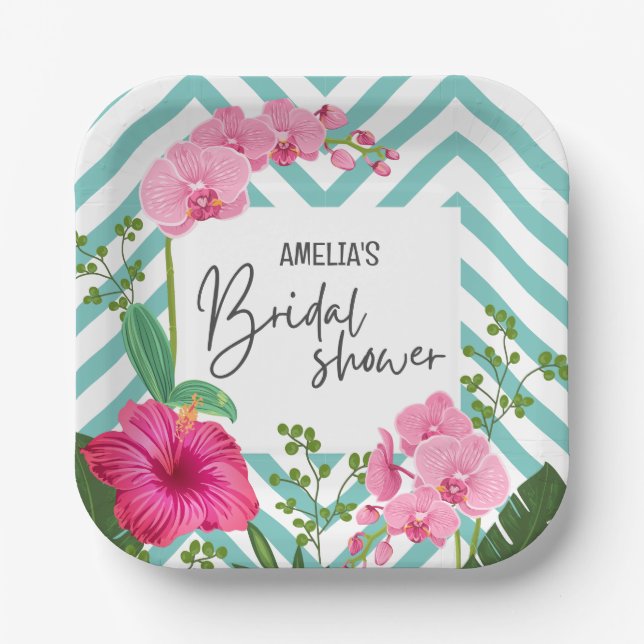 Summer tropical beach floral Bridal shower Paper Plate (Front)