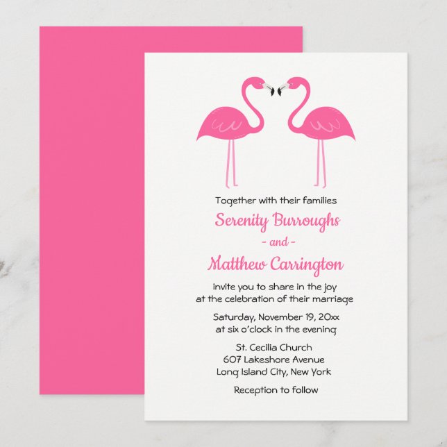 Summer Tropical Beach Pink Flamingo Wedding Invitation (Front/Back)