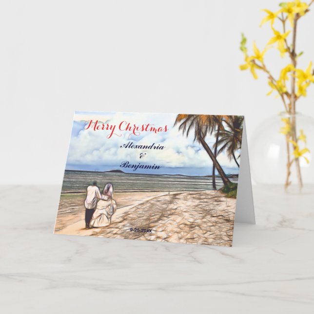 Summer Tropical Beach Wedding Watercolor Christmas Card (Yellow Flower)
