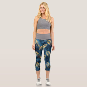 Summer Tropical Blue Palm Leaves Pattern Capri Leggings