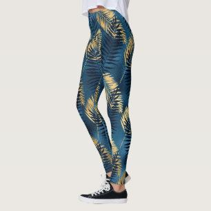 Summer Tropical Blue Palm Leaves Pattern Leggings