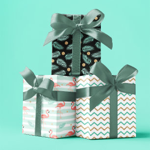 Summer tropical Flamingo blue gold set of 3 Wrapping Paper Sheet
