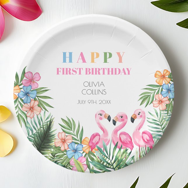 Summer Tropical Flamingo Happy 1st Birthday Party Paper Plate (Summer Tropical Flamingo Happy 1st Birthday Party Paper Plates)