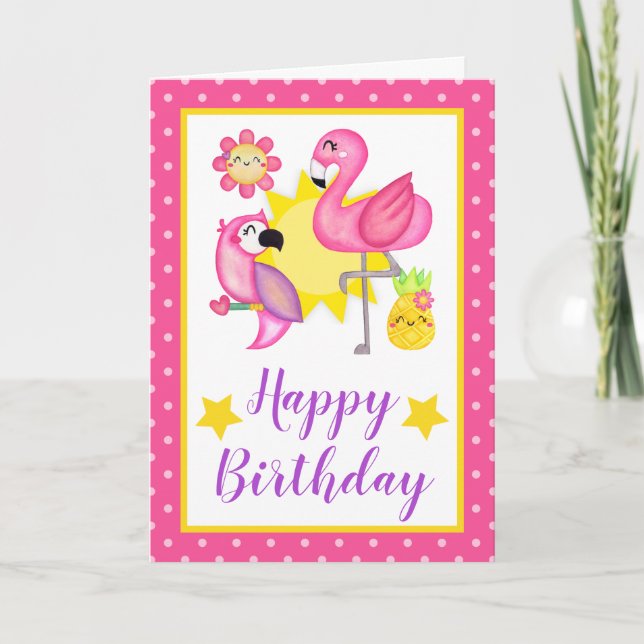 Summer Tropical Flamingo & Parrot Birthday Card (Front)