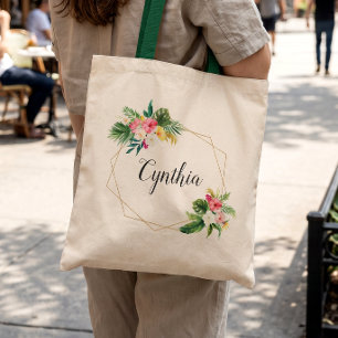 Summer Tropical Floral Geometric Frame Bridesmaid Tote Bag