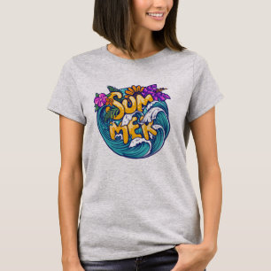 Summer Tropical Flowers Beach Ocean Waves Bright  T-Shirt