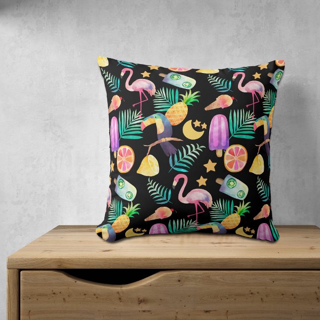 Summer Tropical Fun Pattern on Black Cushion (Creator Uploaded)