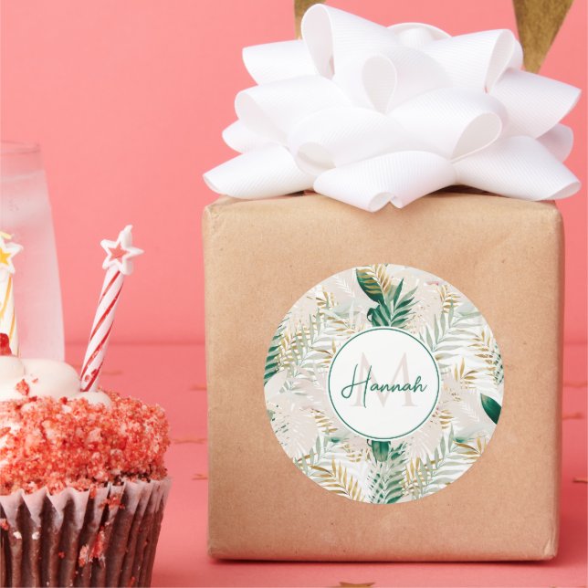 Summer Tropical Green Gold Palm Foliage Greenery Classic Round Sticker (Party)