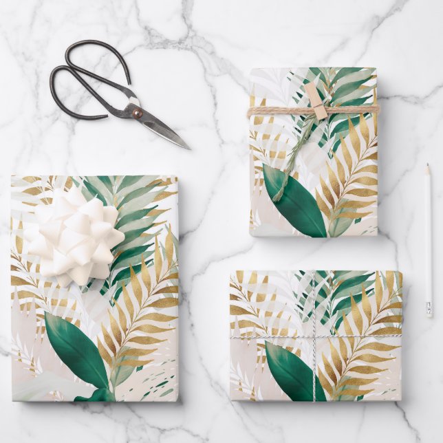 Summer Tropical Green Gold Palm Foliage Greenery Wrapping Paper Sheet (Front)