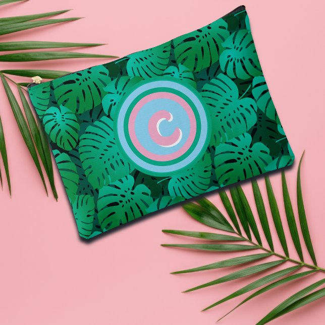 Summer Tropical Green Leaves Monogram  Accessory Pouch (Creator Uploaded)
