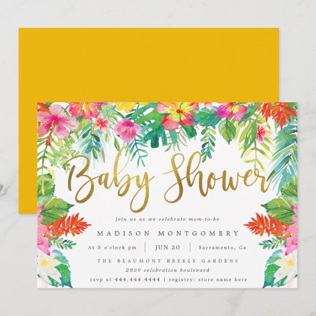 Summer Tropical Hibiscus Foliage Gold Baby Shower Invitation (Front/Back)