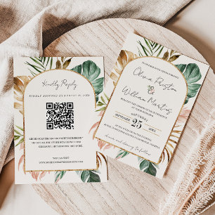 Summer Tropical Leaves Arch QR Code RSVP Wedding Invitation