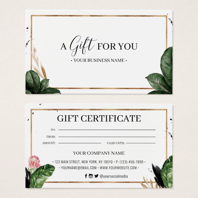Summer Tropical Leaves Customised Gift Certificate (Front & Back)