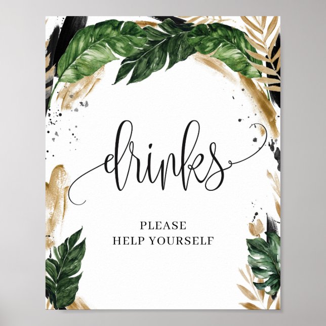 Summer tropical leaves floral gold drinks sign (Front)