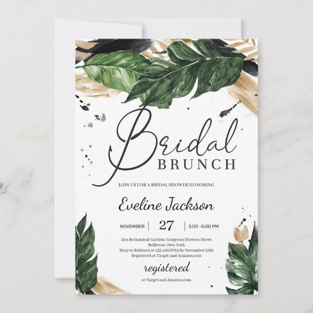 Summer tropical leaves gold boho bridal brunch invitation (Front)
